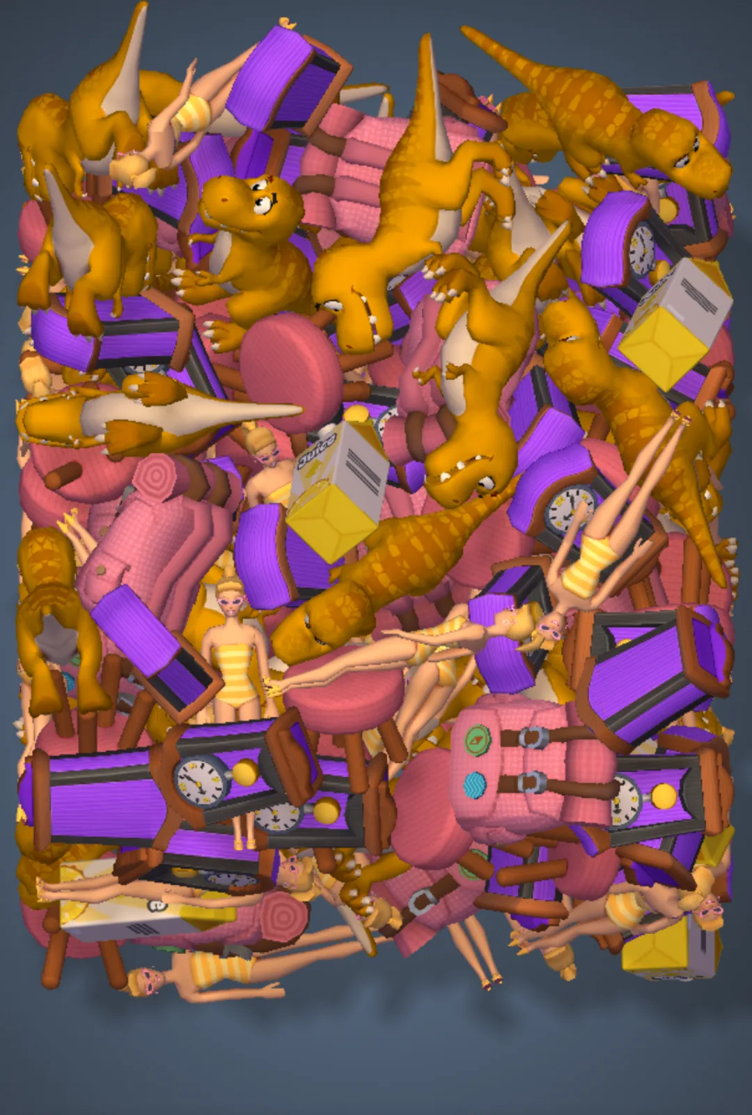 Match Factory Level 1495, configuration 1: example board with Juice Yellow × 6, Camping Bag Pink × 15 targets; 1:45 time limit