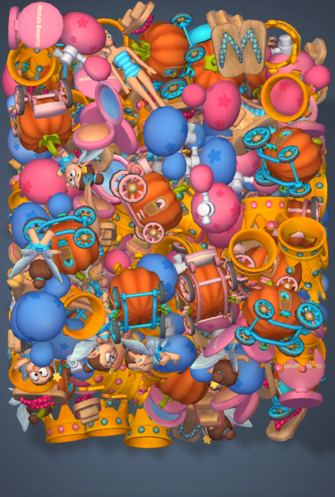 Match Factory Level 1504, configuration 1: example board with Fairy Blue × 24, Doll Blue1 × 24, Wood Shoes Blue × 21, Wood Shoes Pink × 21, Pumpkin Vehicle Blue × 15, Pumpkin Vehicle Pink × 15 targets; 2:35 time limit
