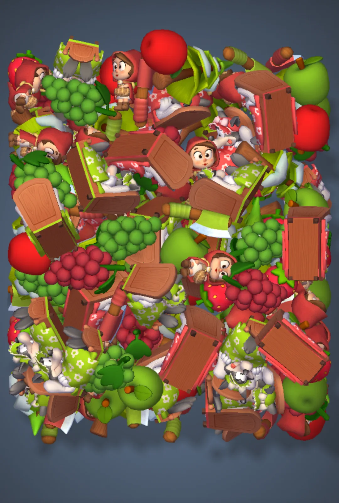 Match Factory Level 1506, configuration 1: example board with Girl Redhood Red × 39, Strawberry × 12, Apple Red × 12, Grape Red × 12 targets; 1:50 time limit